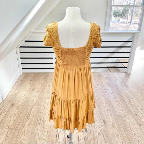 NWT XS M SO Mustard, yellow, bohemian baby doll, crochet, mini dress - Picture 4 of 7